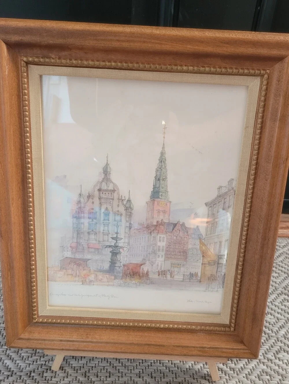 Mid-Century Danish Artist Mads Stage Copenhagen Cityscape Watercolor Print Frame